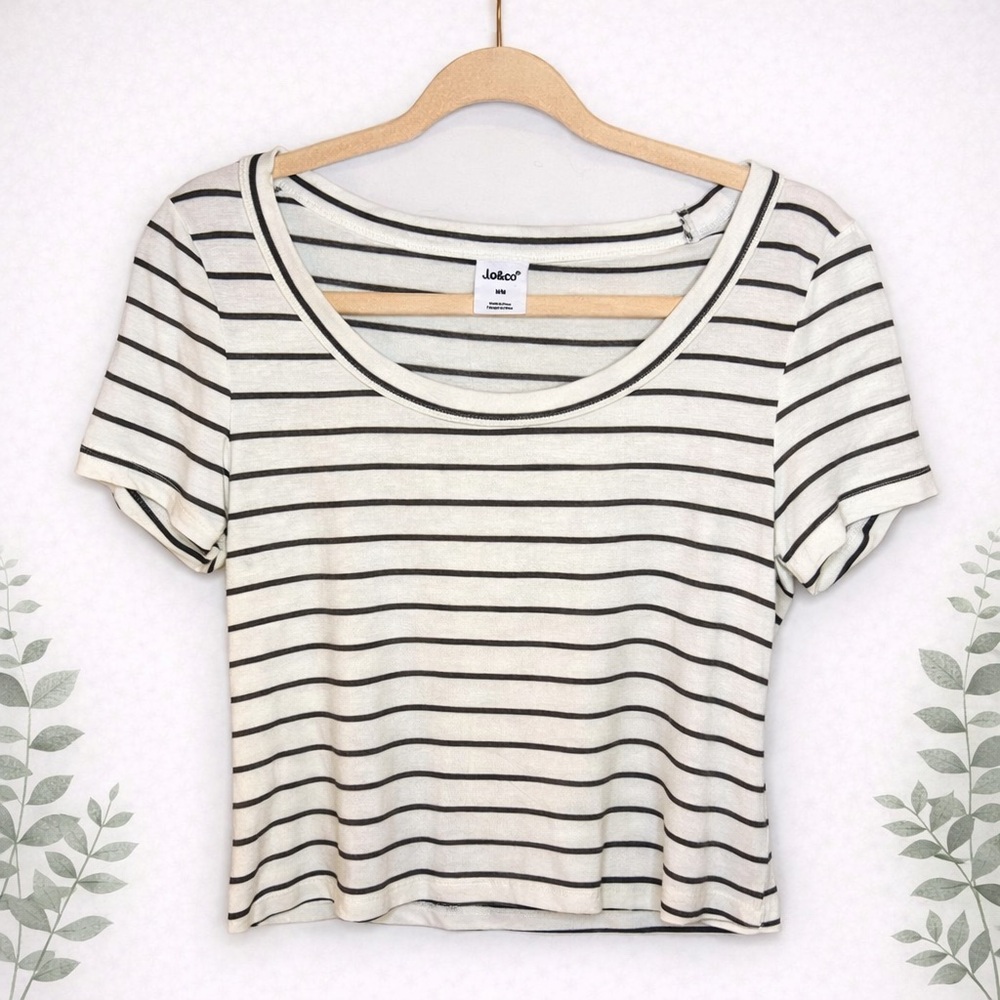 Jo & Co Black White Striped Scoop Neck Cropped Tee Short Sleeve Top M